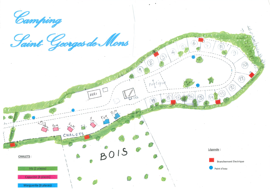Le camping de Saint-Georges-de-Mons offre un cadre naturel agréable, idéal pour les amateurs de plein air en quête de détente. Ce plan détaille l’aménagement du site, permettant aux visiteurs de repérer facilement les différentes infrastructures et emplacements disponibles.  Le camping dispose de plusieurs emplacements numérotés, adaptés aux tentes, caravanes et camping-cars, certains étant équipés de branchements électriques et de points d’eau. Une zone spécifique est dédiée aux chalets, disponibles en trois catégories selon leur capacité d’accueil.  Les infrastructures incluent un bloc sanitaire, un téléphone public et un espace central, assurant confort et praticité aux campeurs. Entouré de verdure et bordé d’un bois, ce camping constitue un lieu propice au repos et aux loisirs en pleine nature.